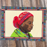 red headdress woman quilting square